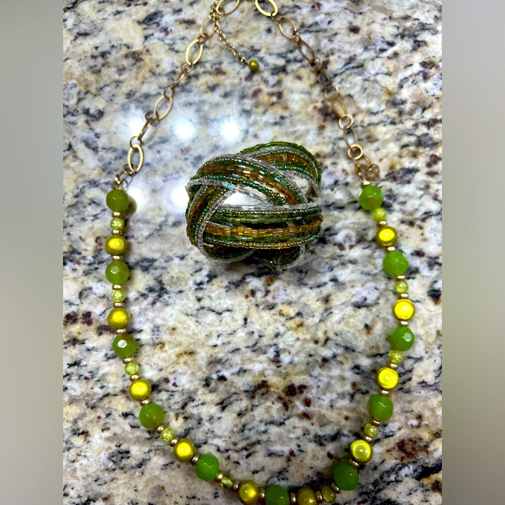 Green necklace and bracelet.